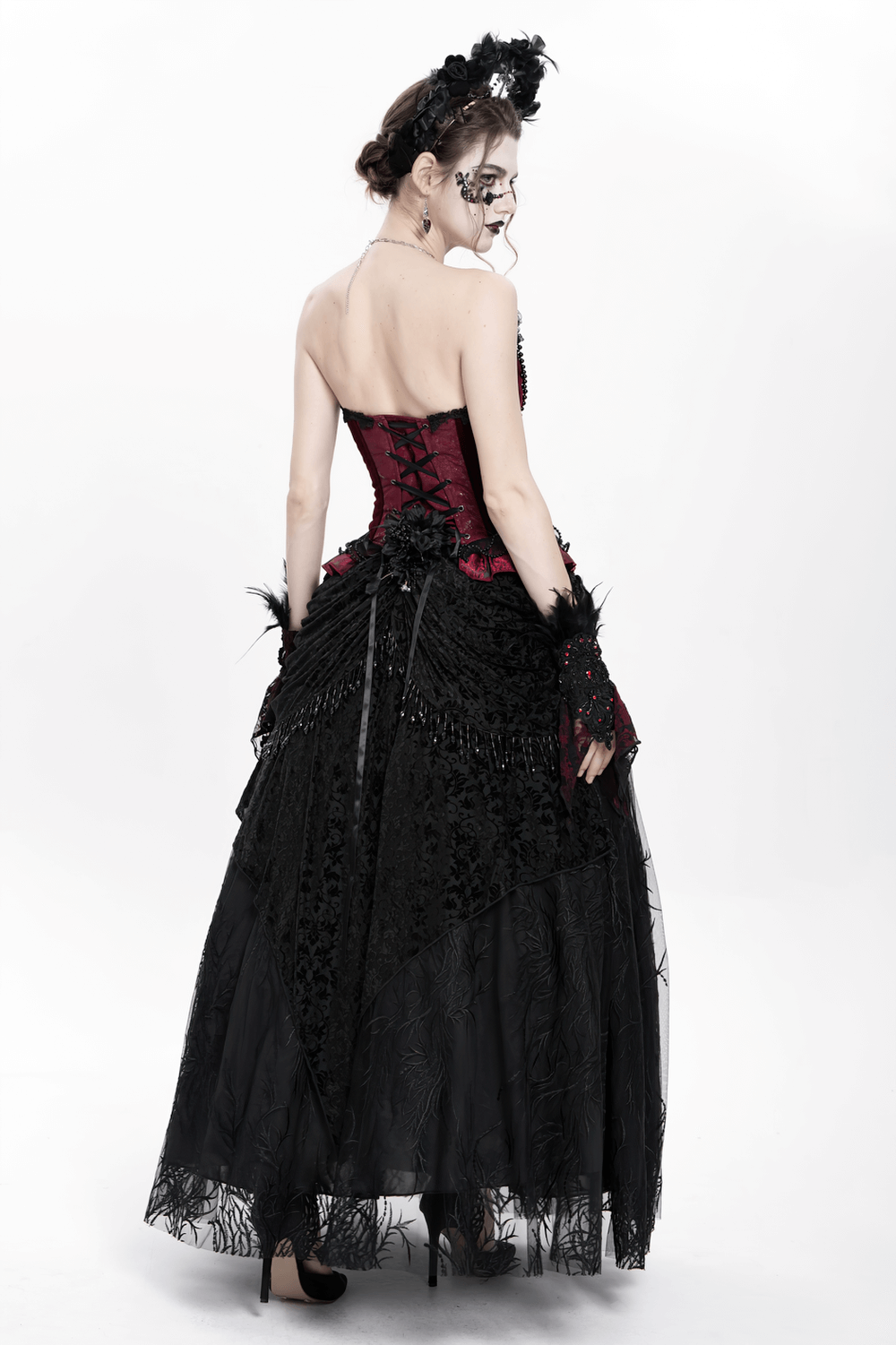 Elegant Gothic Black Velvet Lace Skirt with Beaded Drapes