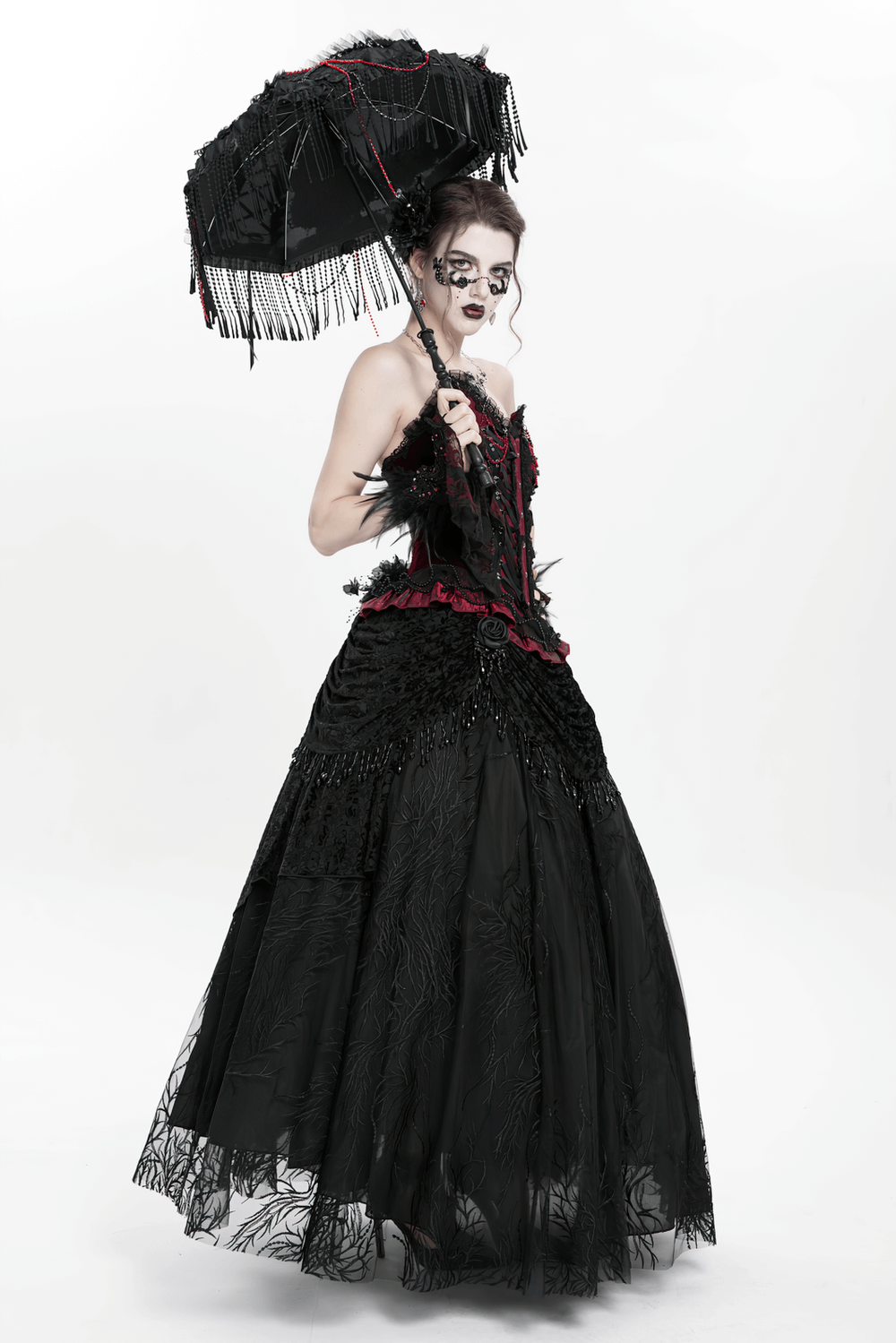 Elegant Gothic Black Velvet Lace Skirt with Beaded Drapes