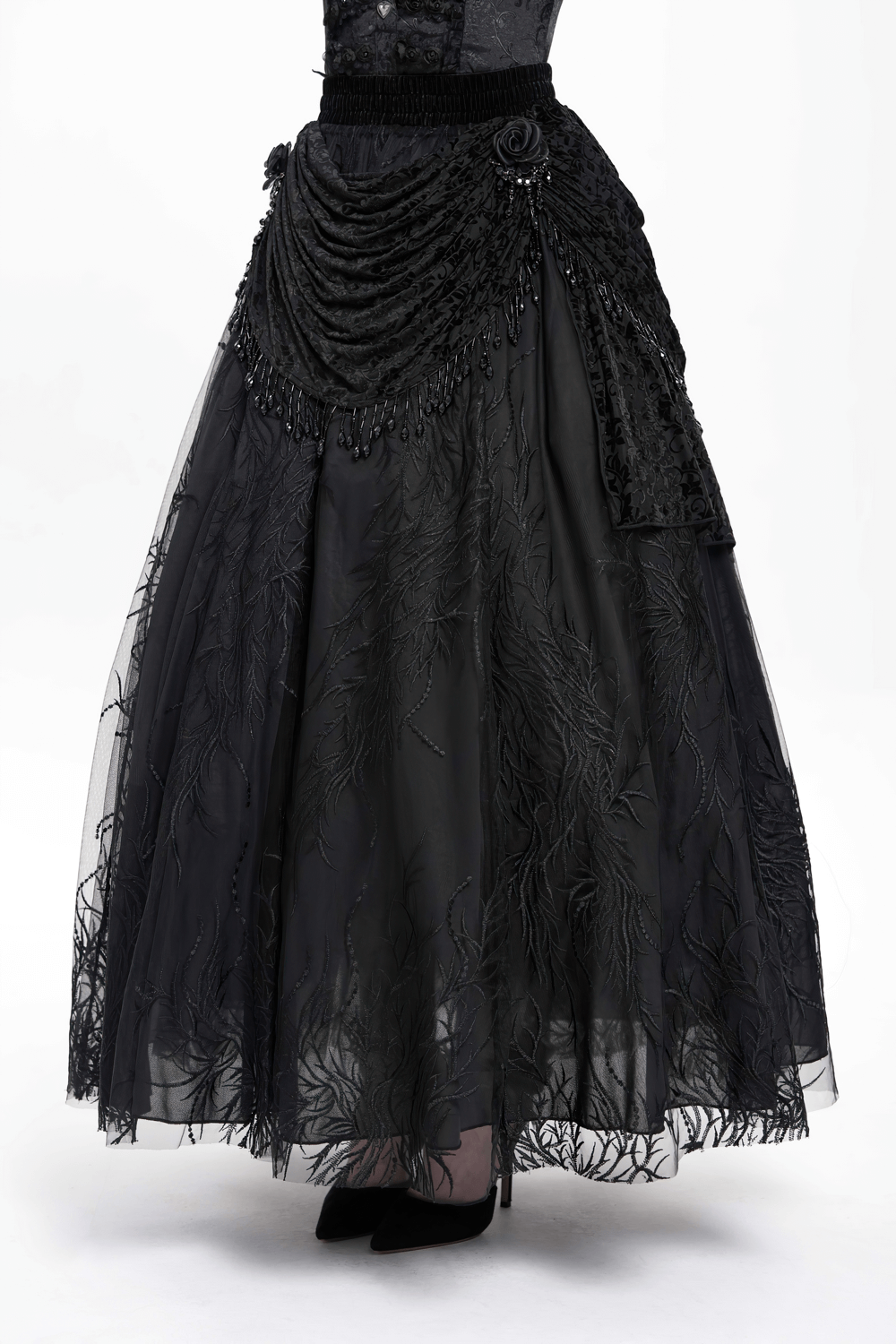 Elegant Gothic Black Velvet Lace Skirt with Beaded Drapes