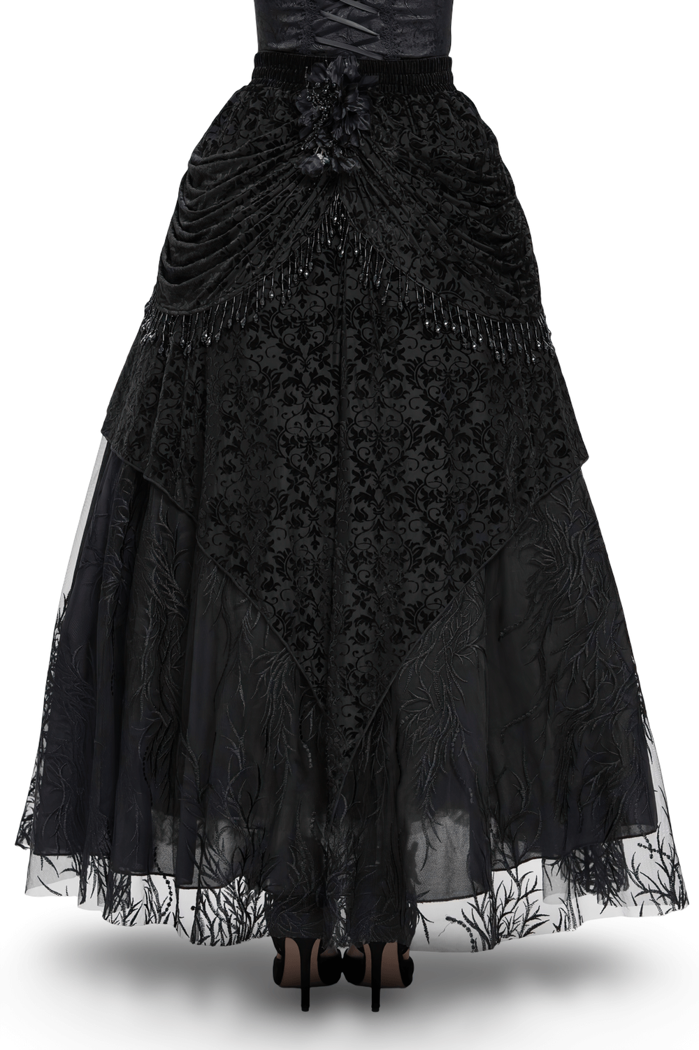 Elegant Gothic Black Velvet Lace Skirt with Beaded Drapes