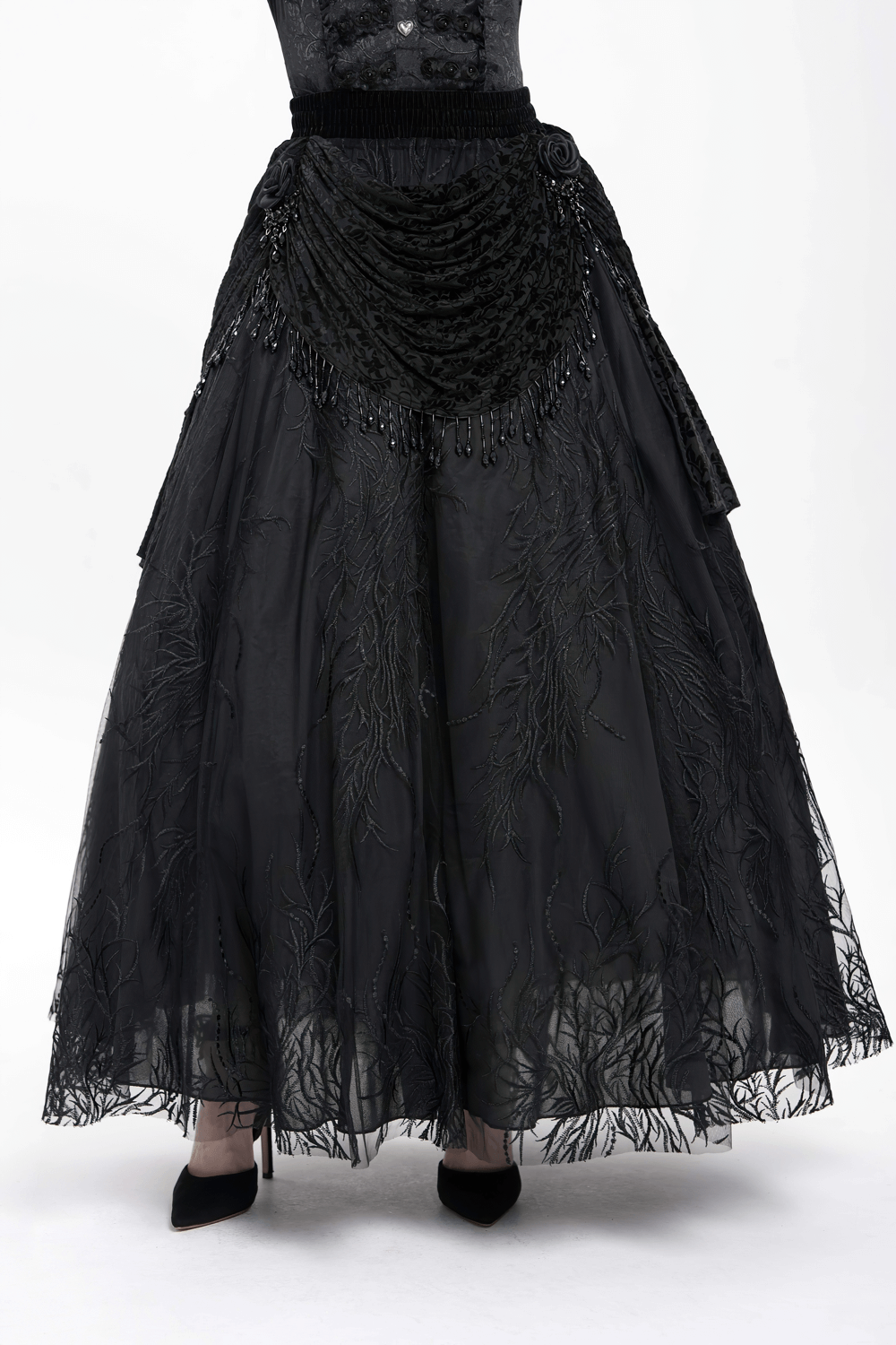 Elegant Gothic Black Velvet Lace Skirt with Beaded Drapes