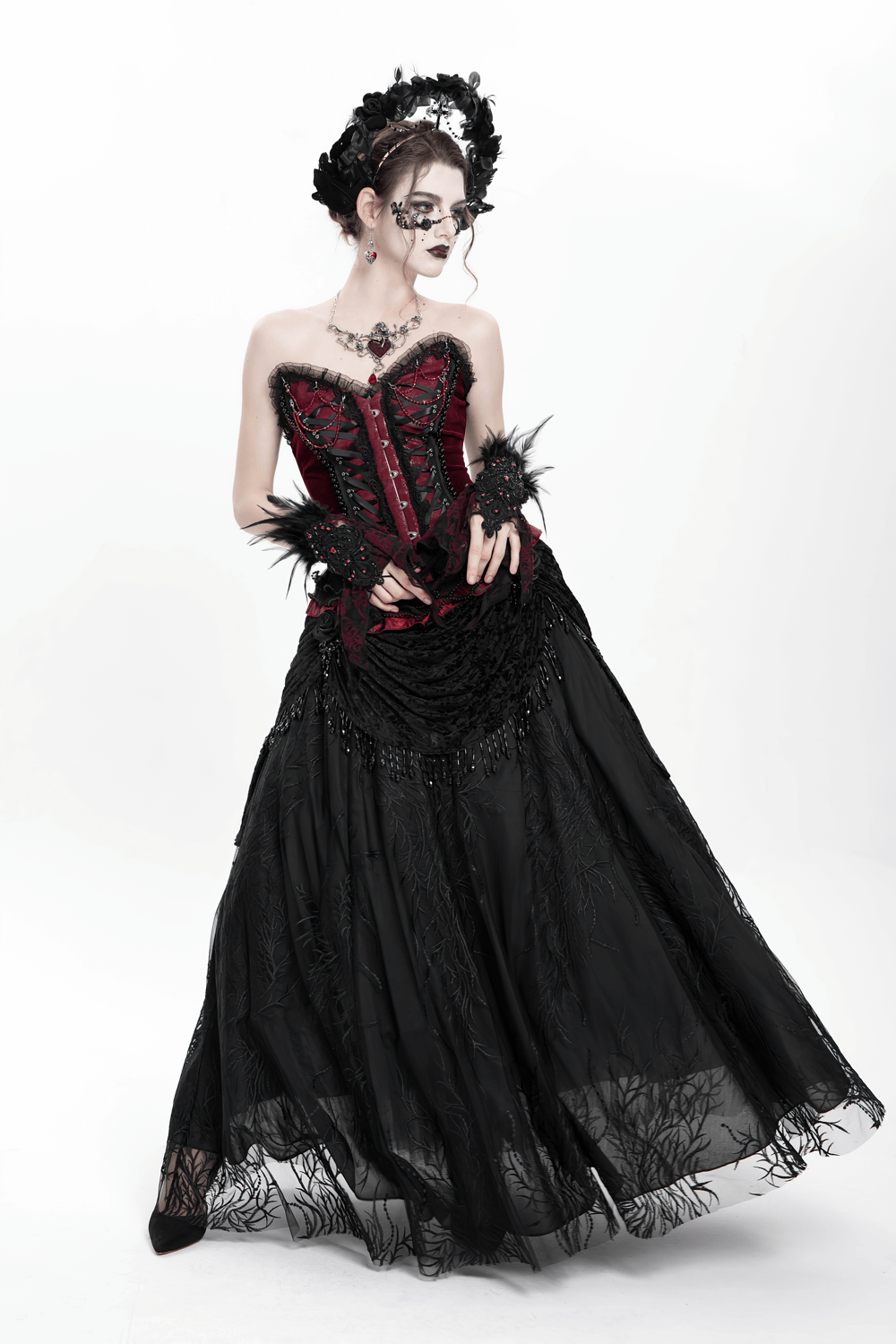 Elegant Gothic Black Velvet Lace Skirt with Beaded Drapes