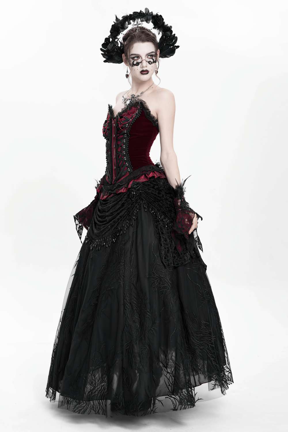Elegant Gothic Black Velvet Lace Skirt with Beaded Drapes