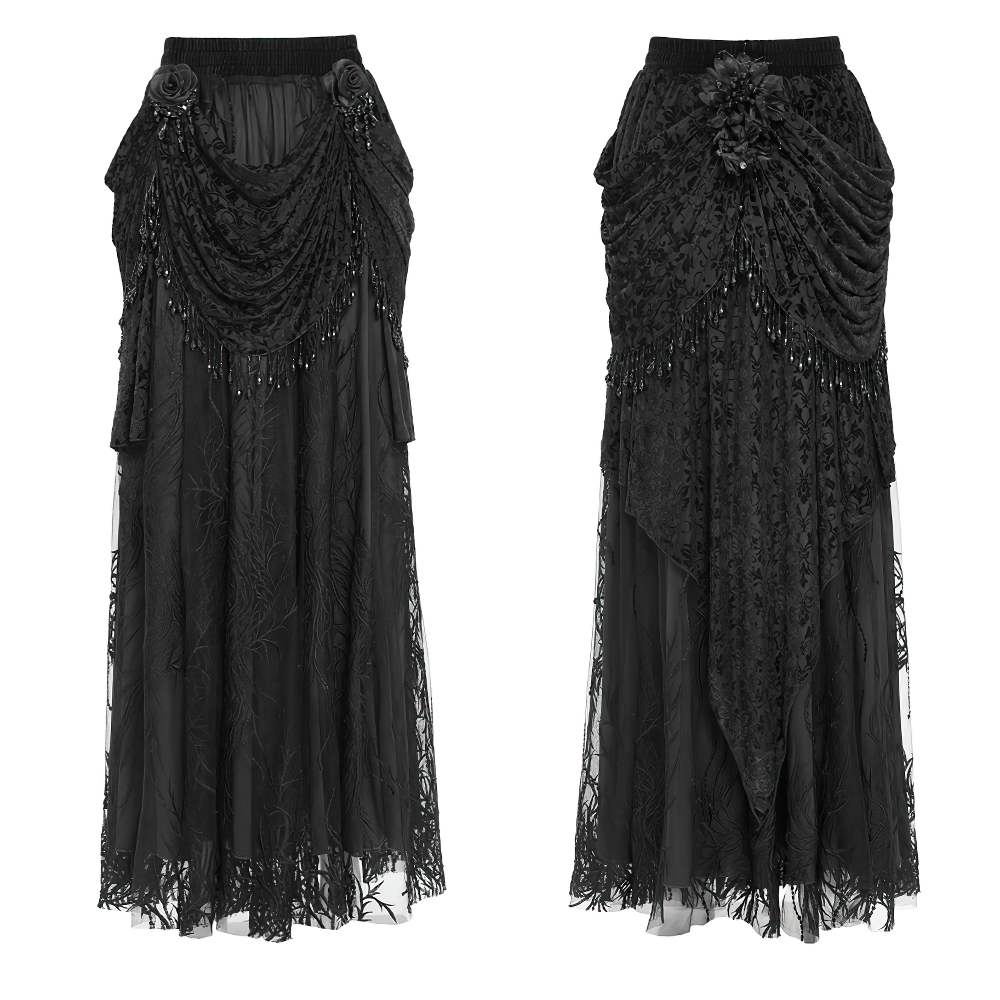 Elegant Gothic Black Velvet Lace Skirt with Beaded Drapes