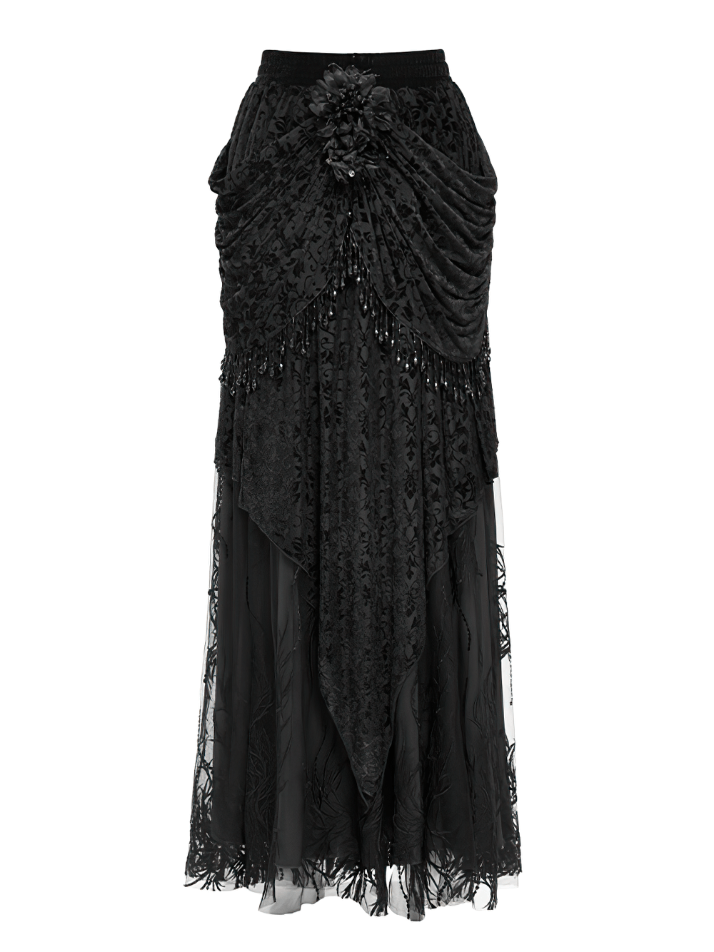 Elegant Gothic Black Velvet Lace Skirt with Beaded Drapes