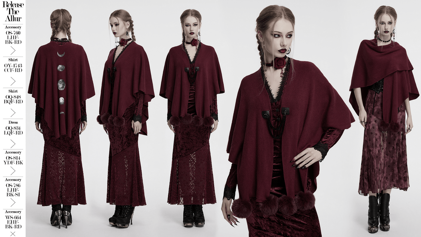 Elegant Gothic Burgundy Shawl with Moon Phase Print