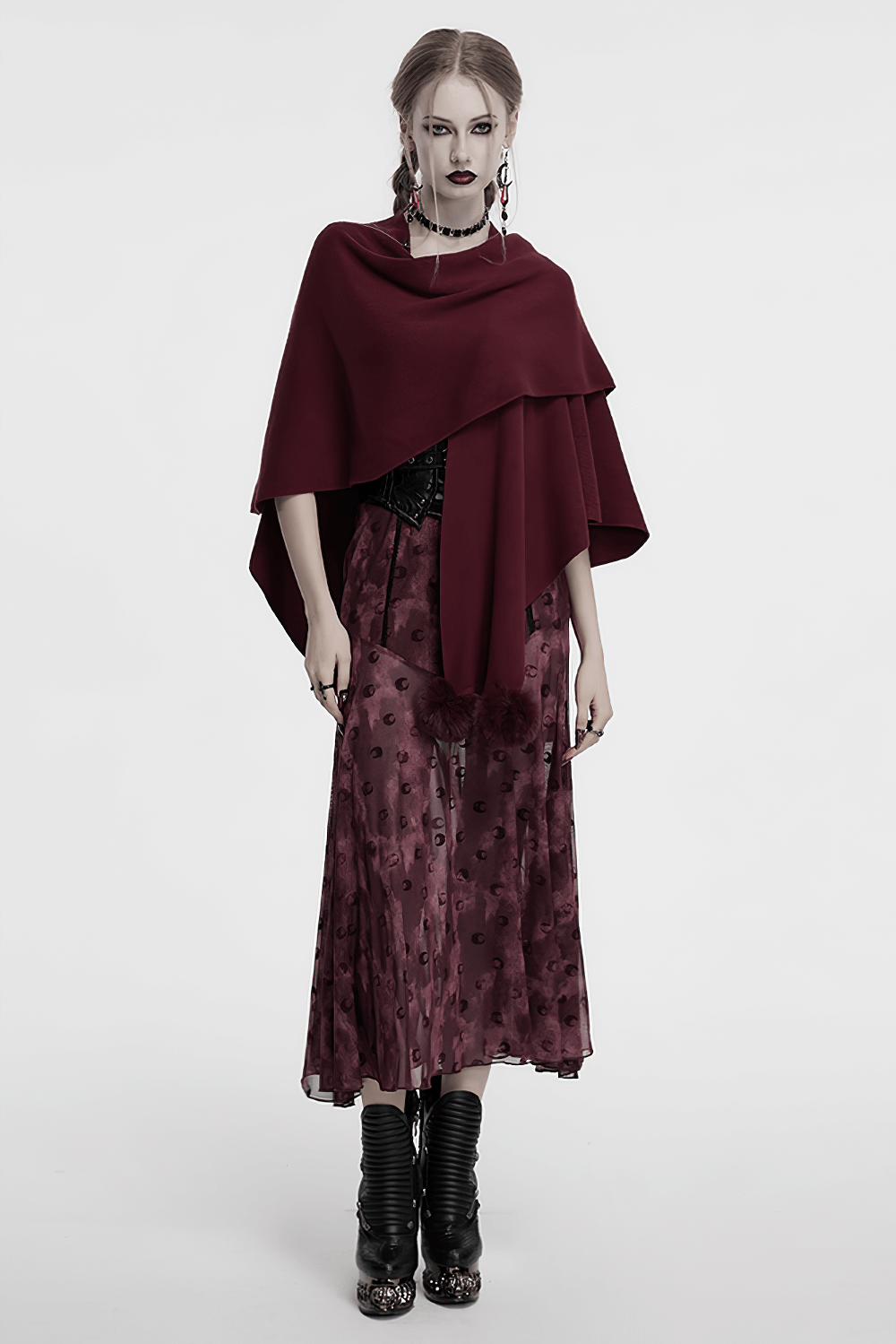 Elegant Gothic Burgundy Shawl with Moon Phase Print
