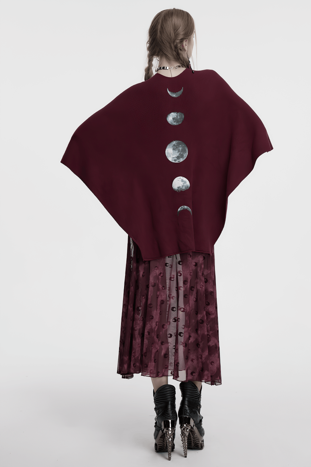 Elegant Gothic Burgundy Shawl with Moon Phase Print