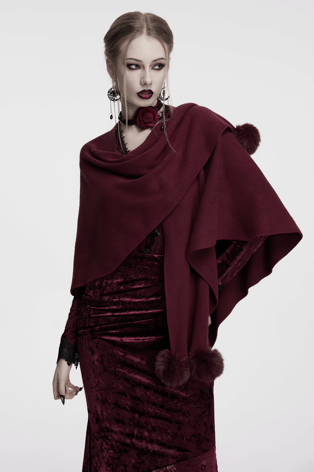 Elegant Gothic Burgundy Shawl with Moon Phase Print