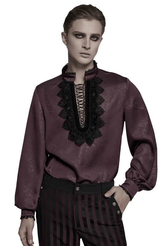 Elegant Gothic Lace Detail Shirt with Stand-up Collar