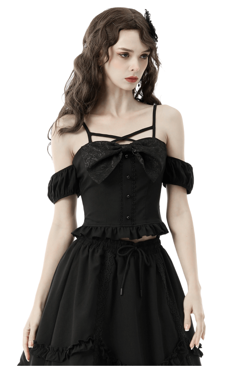 Elegant Gothic Lolita Bowknot Crop Top With Straps