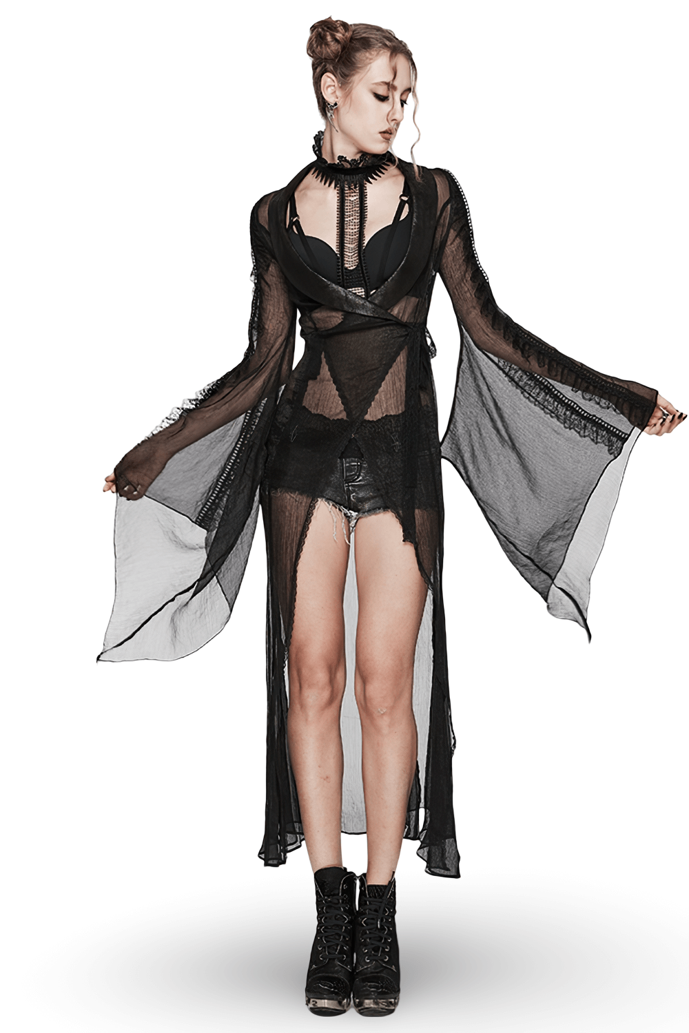 Elegant Gothic Long Chiffon Cape with Cracked PU Leather