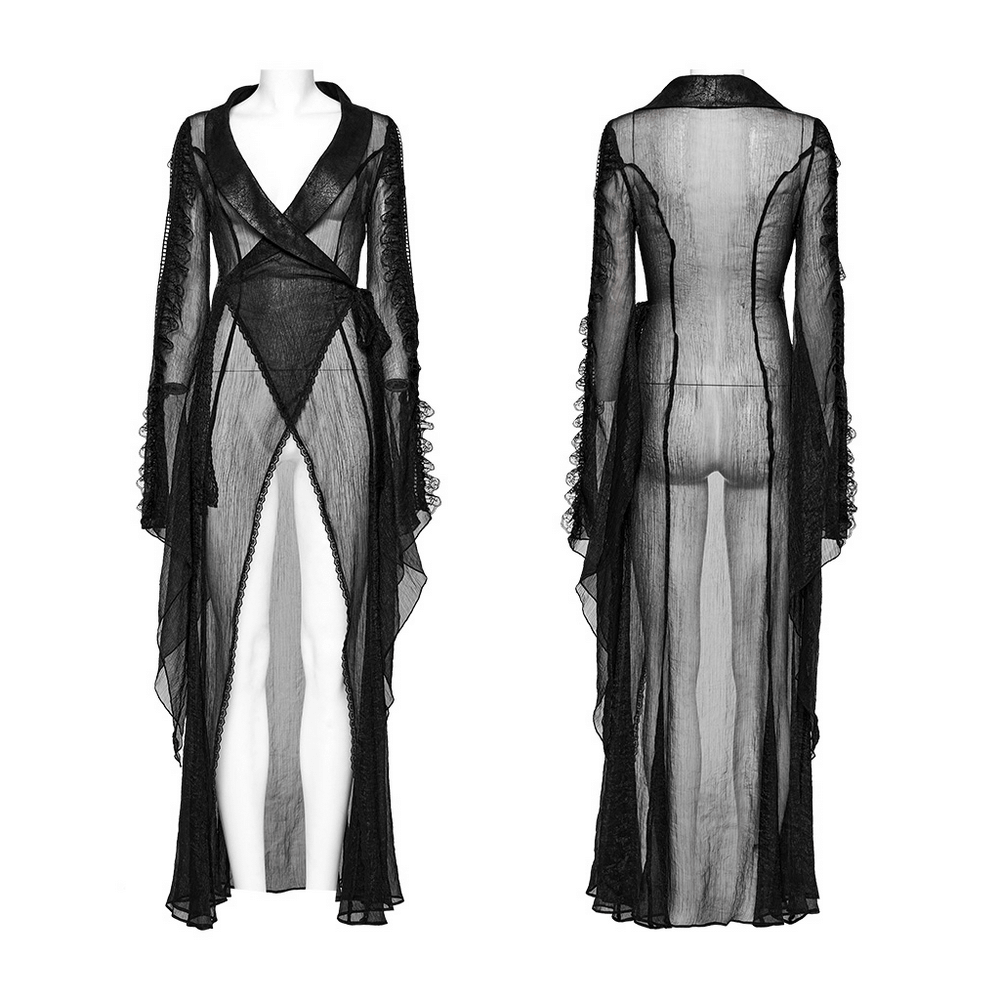 Elegant Gothic Long Chiffon Cape with Cracked PU Leather