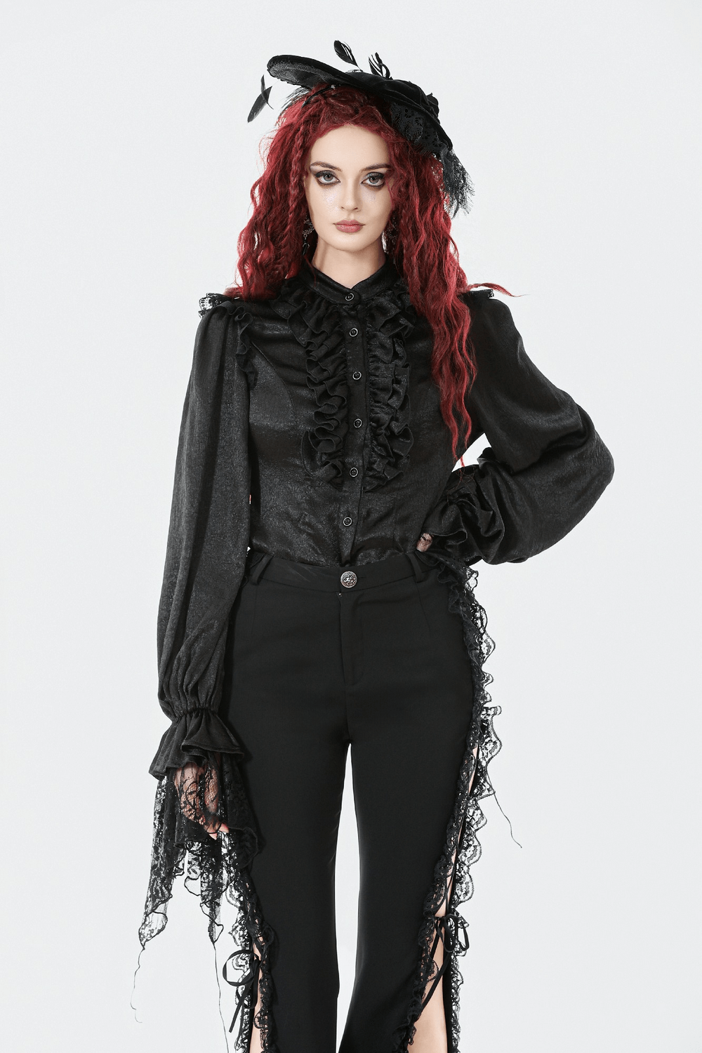 Elegant Gothic Shirt with Ruffles and Dramatic Lace Cuffs