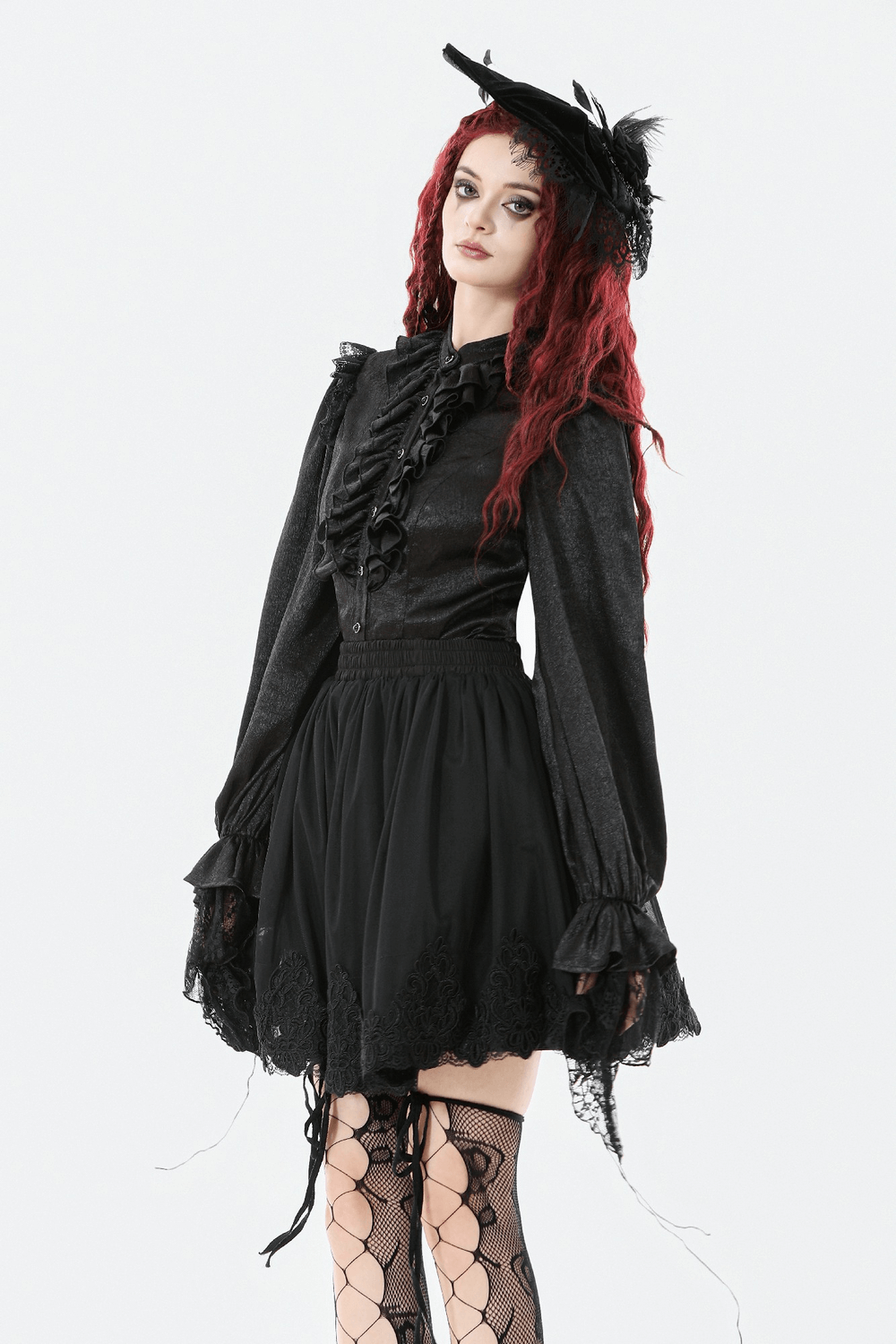 Elegant Gothic Shirt with Ruffles and Dramatic Lace Cuffs