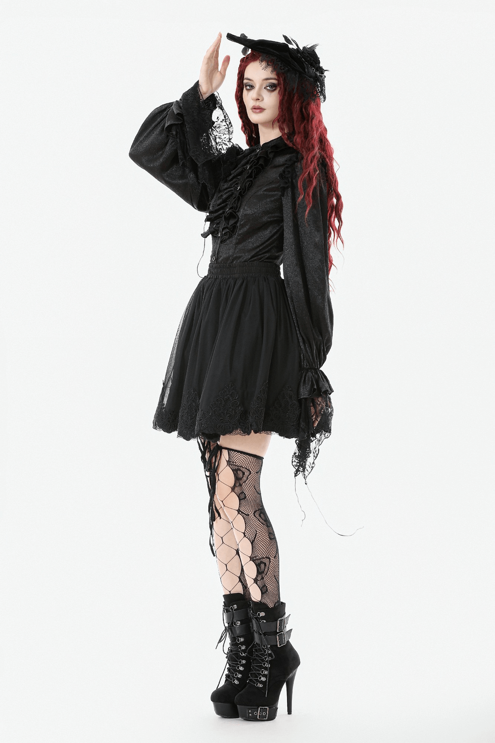Elegant Gothic Shirt with Ruffles and Dramatic Lace Cuffs