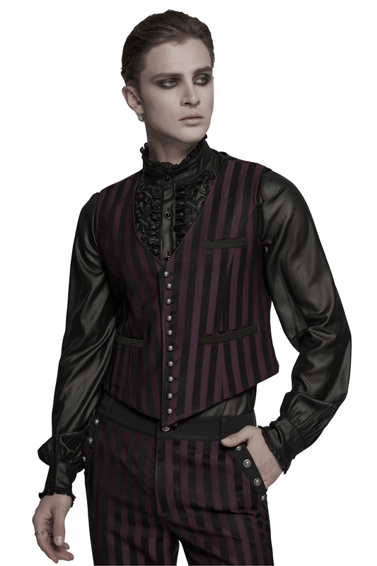 Elegant Gothic Striped Button-Up Waistcoat for Men