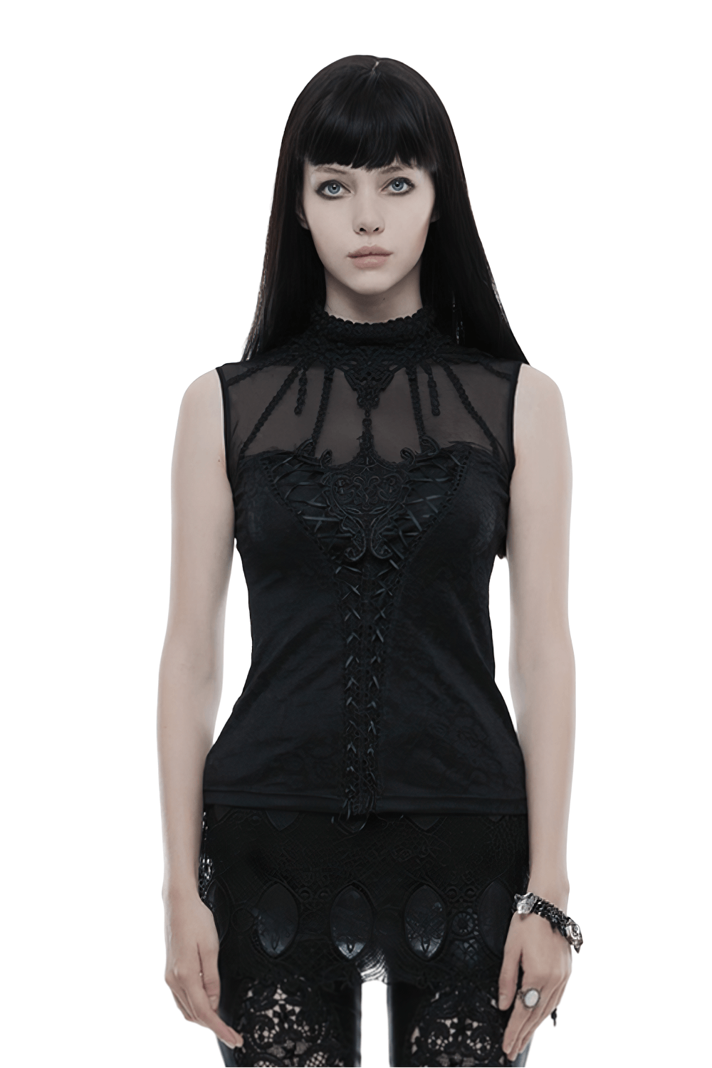 Elegant Gothic-Style Black Fringed Lace Tank Top