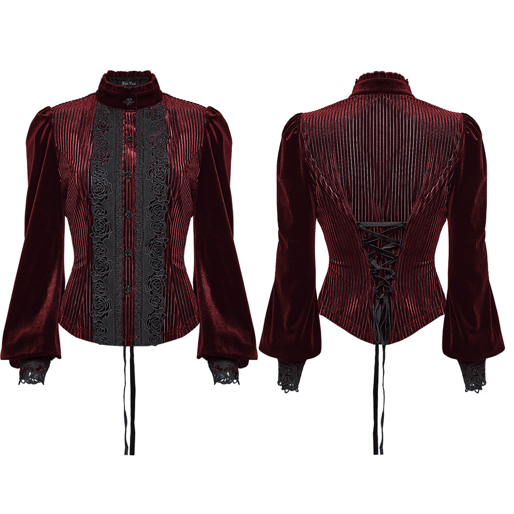 Elegant Gothic Velvet Shirt with Lace and Rose Detailing