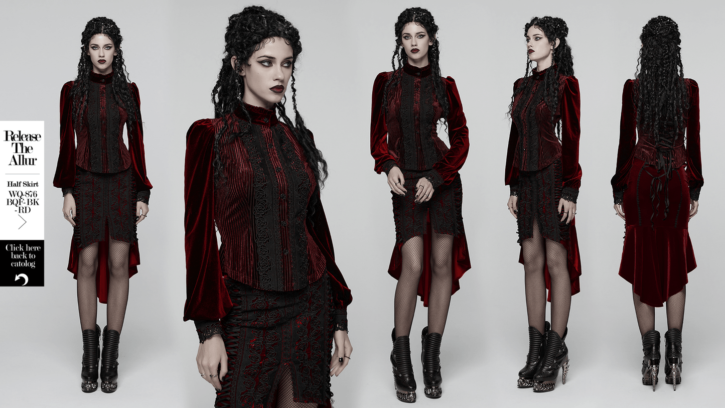 Elegant Gothic Velvet Shirt with Lace and Rose Detailing