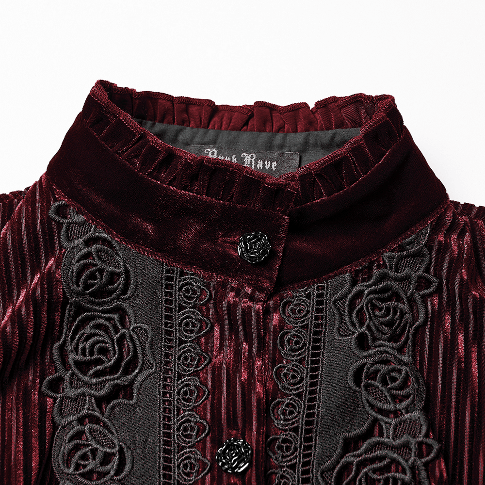 Elegant Gothic Velvet Shirt with Lace and Rose Detailing