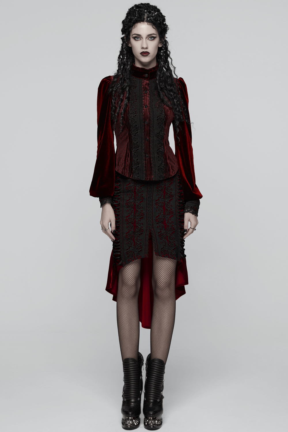 Elegant Gothic Velvet Shirt with Lace and Rose Detailing