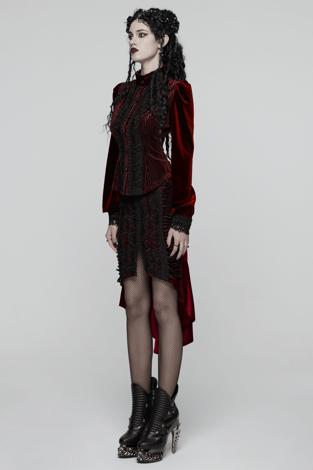 Elegant Gothic Velvet Shirt with Lace and Rose Detailing