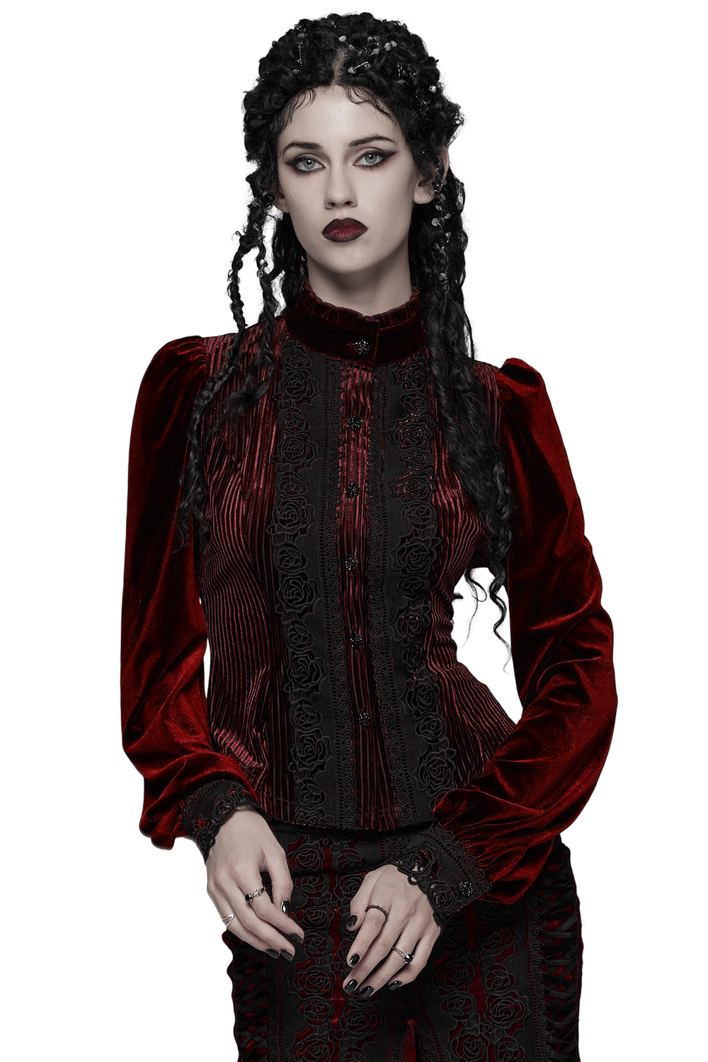 Elegant Gothic Velvet Shirt with Lace and Rose Detailing