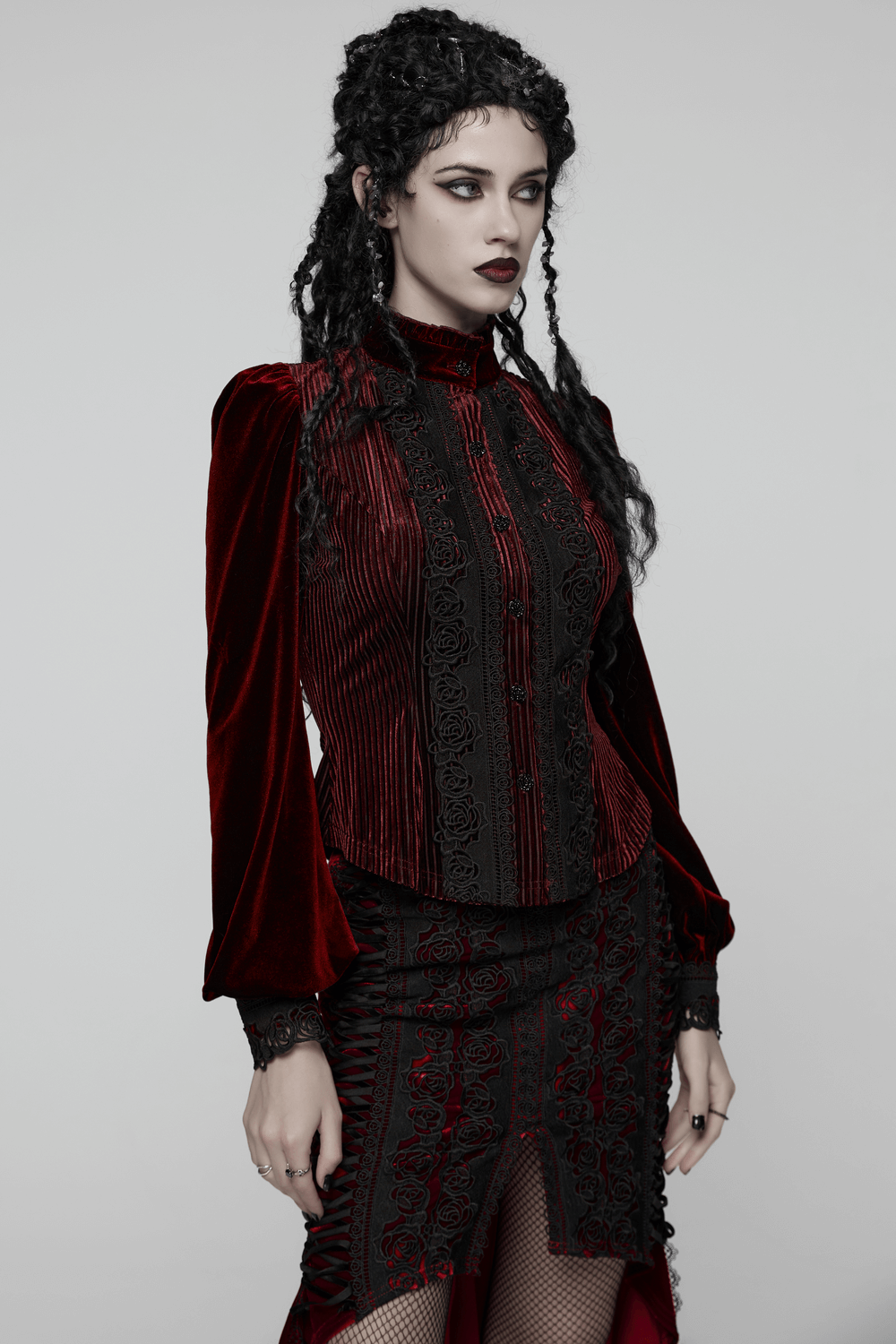 Elegant Gothic Velvet Shirt with Lace and Rose Detailing
