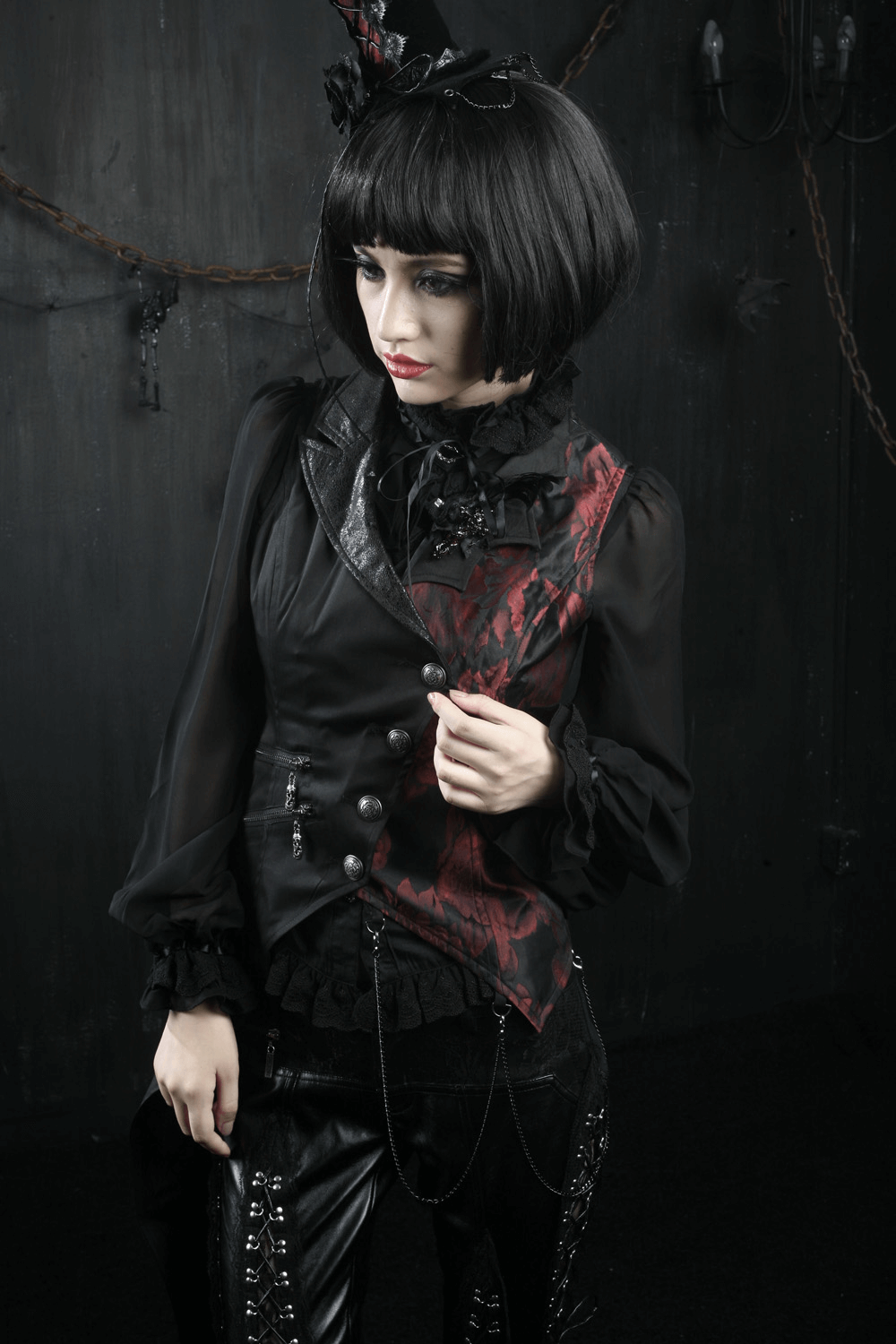 Elegant Gothic Women's Asymmetrical Black-Red Waistcoat
