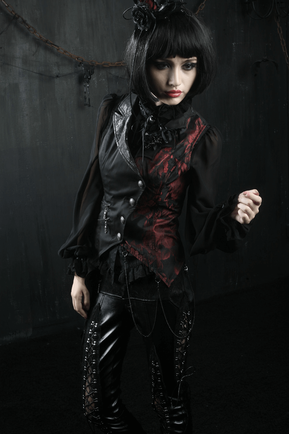 Elegant Gothic Women's Asymmetrical Black-Red Waistcoat