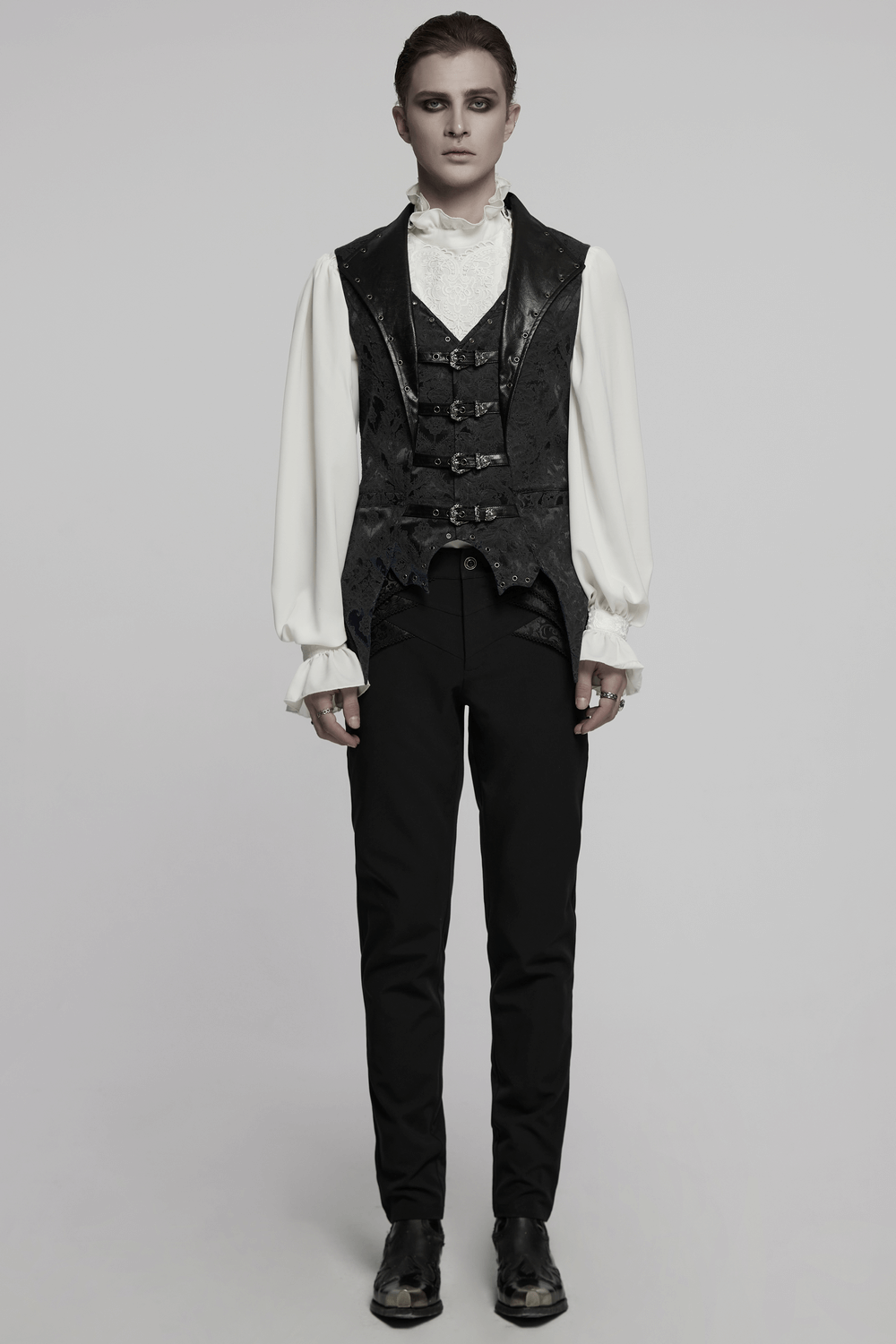 Elegant Jacquard Waistcoat with Buckles and Bat Hem Design