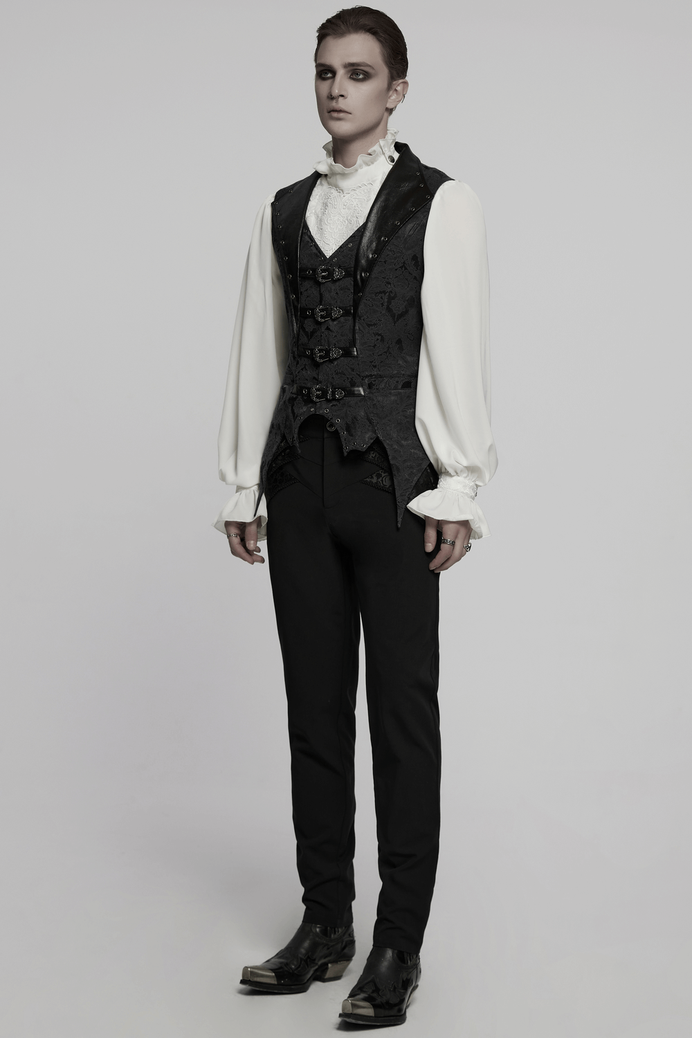 Elegant Jacquard Waistcoat with Buckles and Bat Hem Design