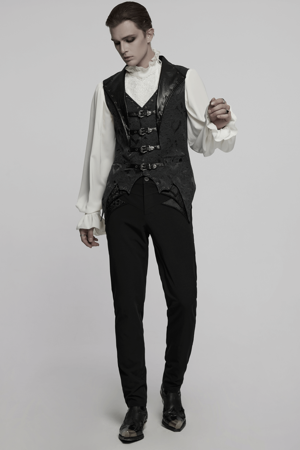 Elegant Jacquard Waistcoat with Buckles and Bat Hem Design