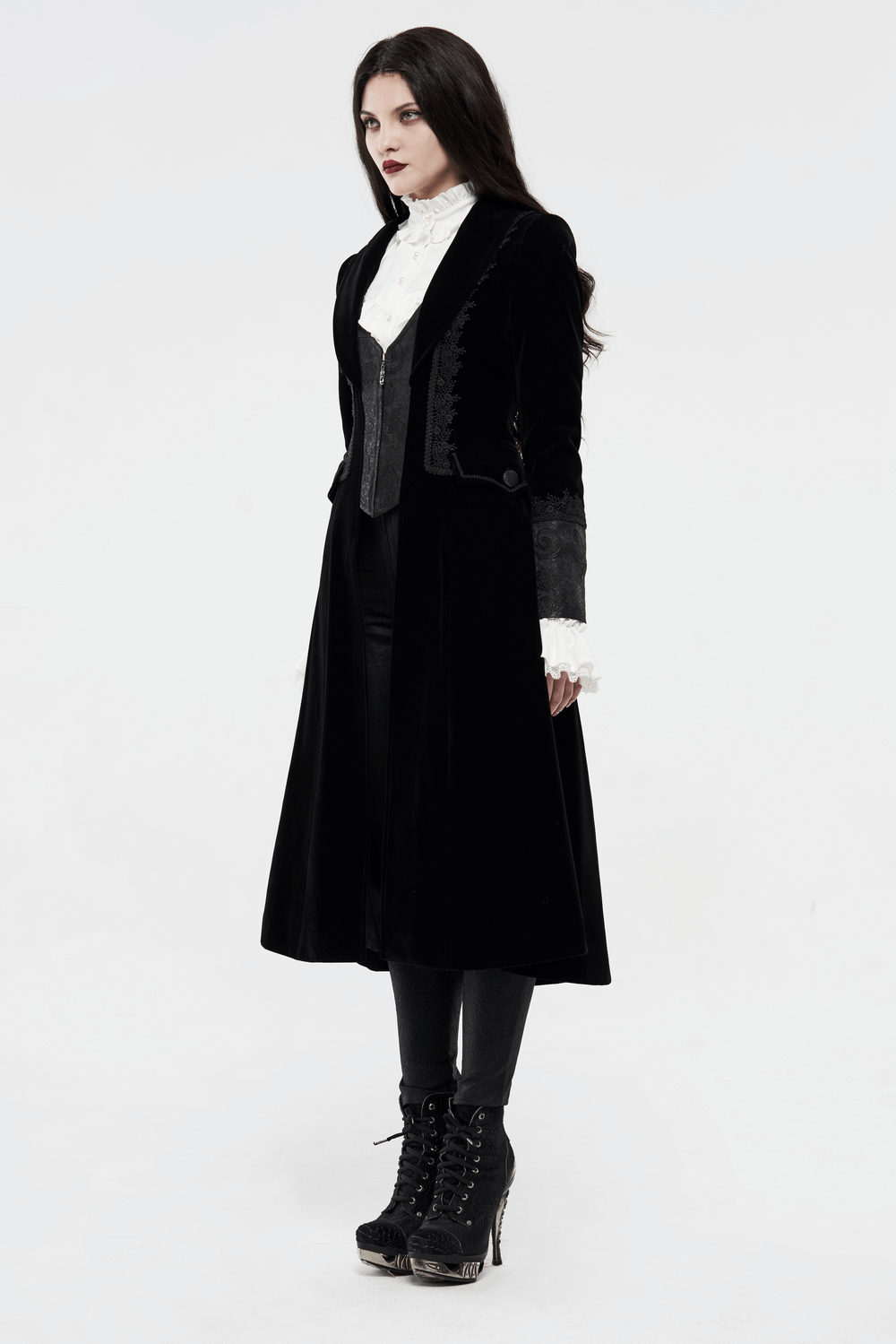 Elegant Lace-Trimmed Gothic Long Coat for Women