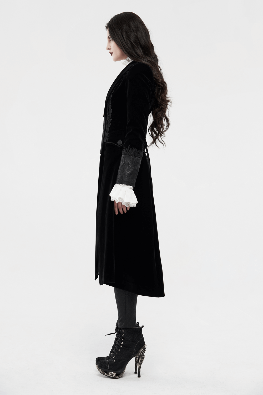 Elegant Lace-Trimmed Gothic Long Coat for Women