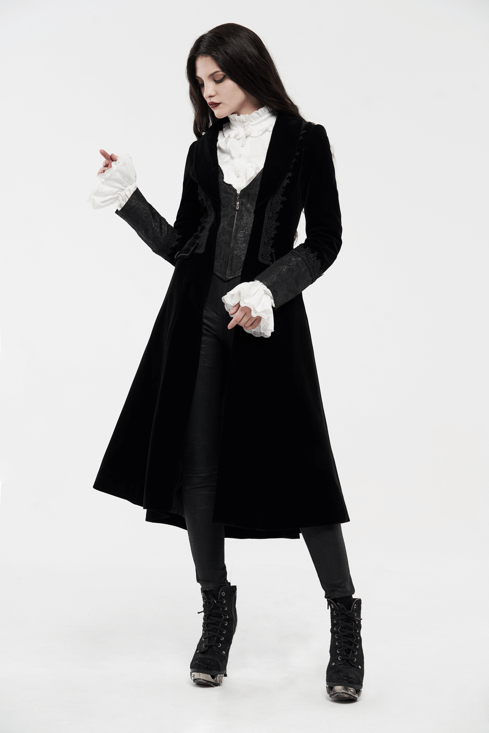 Elegant Lace-Trimmed Gothic Long Coat for Women