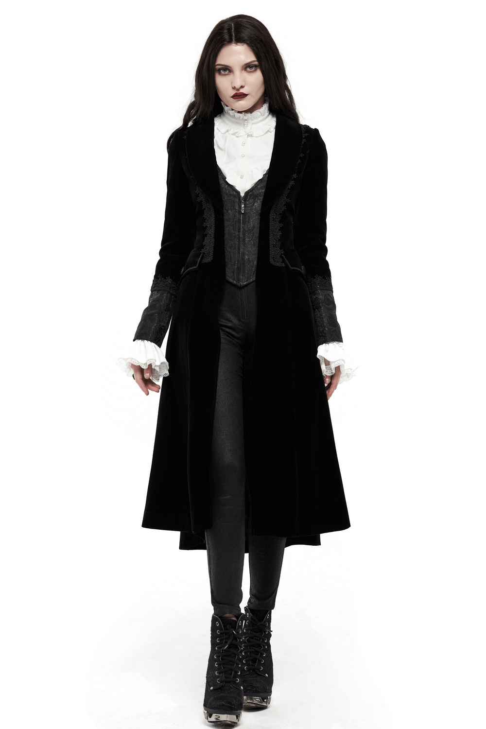 Elegant Lace-Trimmed Gothic Long Coat for Women