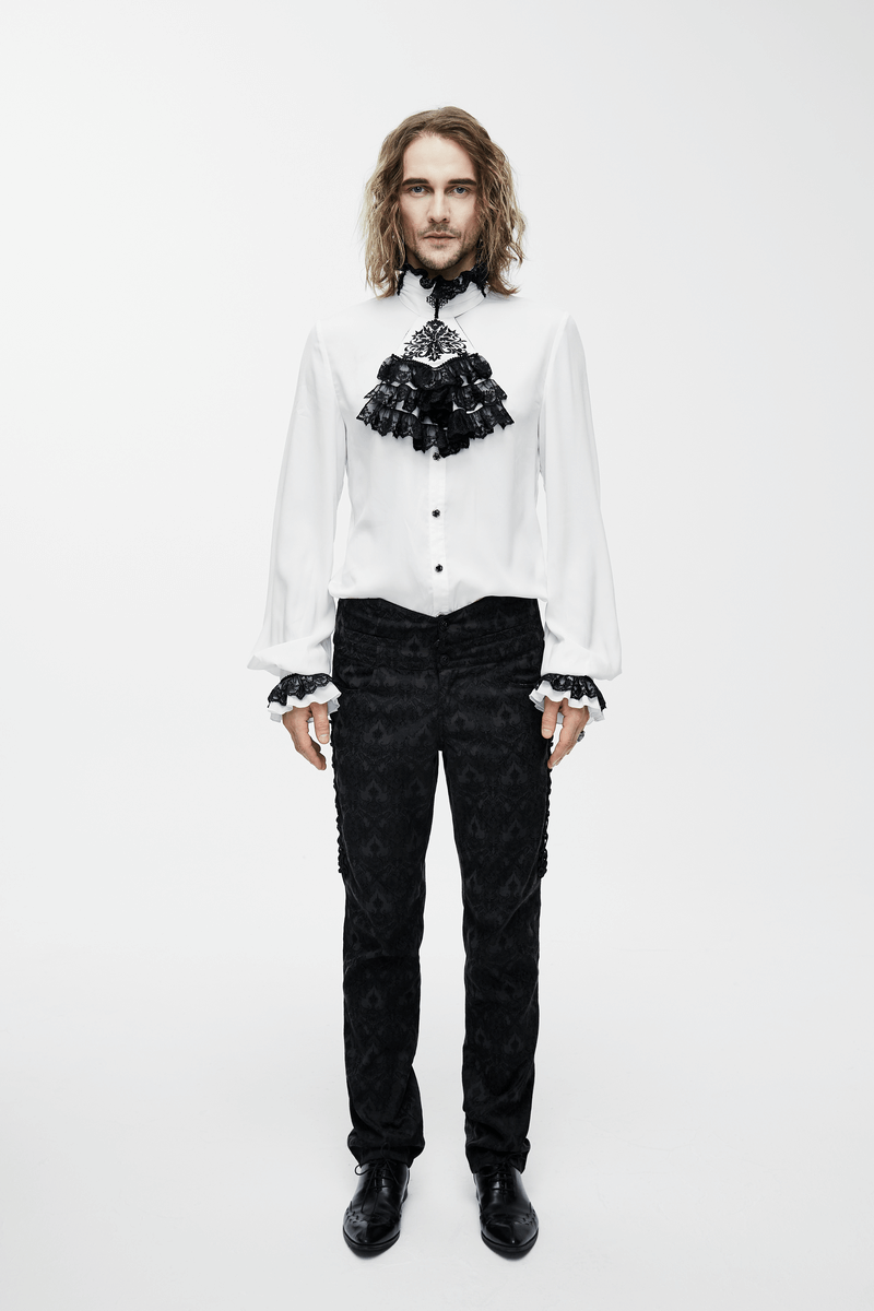 Elegant Men's Shirt with Chiffon Black Tie / Gothic Long Sleeve Shirt with Stand-Collar