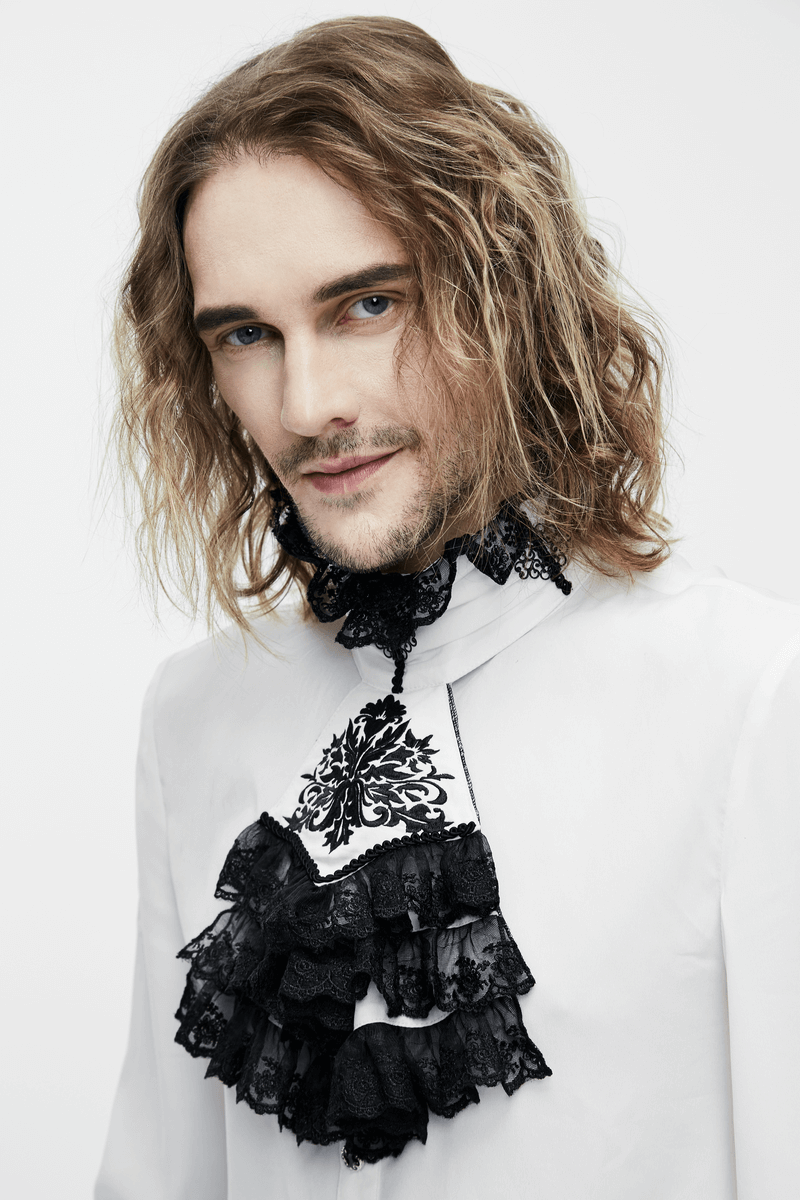Elegant Men's Shirt with Chiffon Black Tie / Gothic Long Sleeve Shirt with Stand-Collar