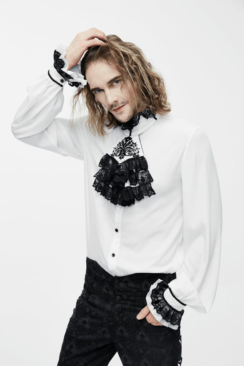 Elegant Men's Shirt with Chiffon Black Tie / Gothic Long Sleeve Shirt with Stand-Collar