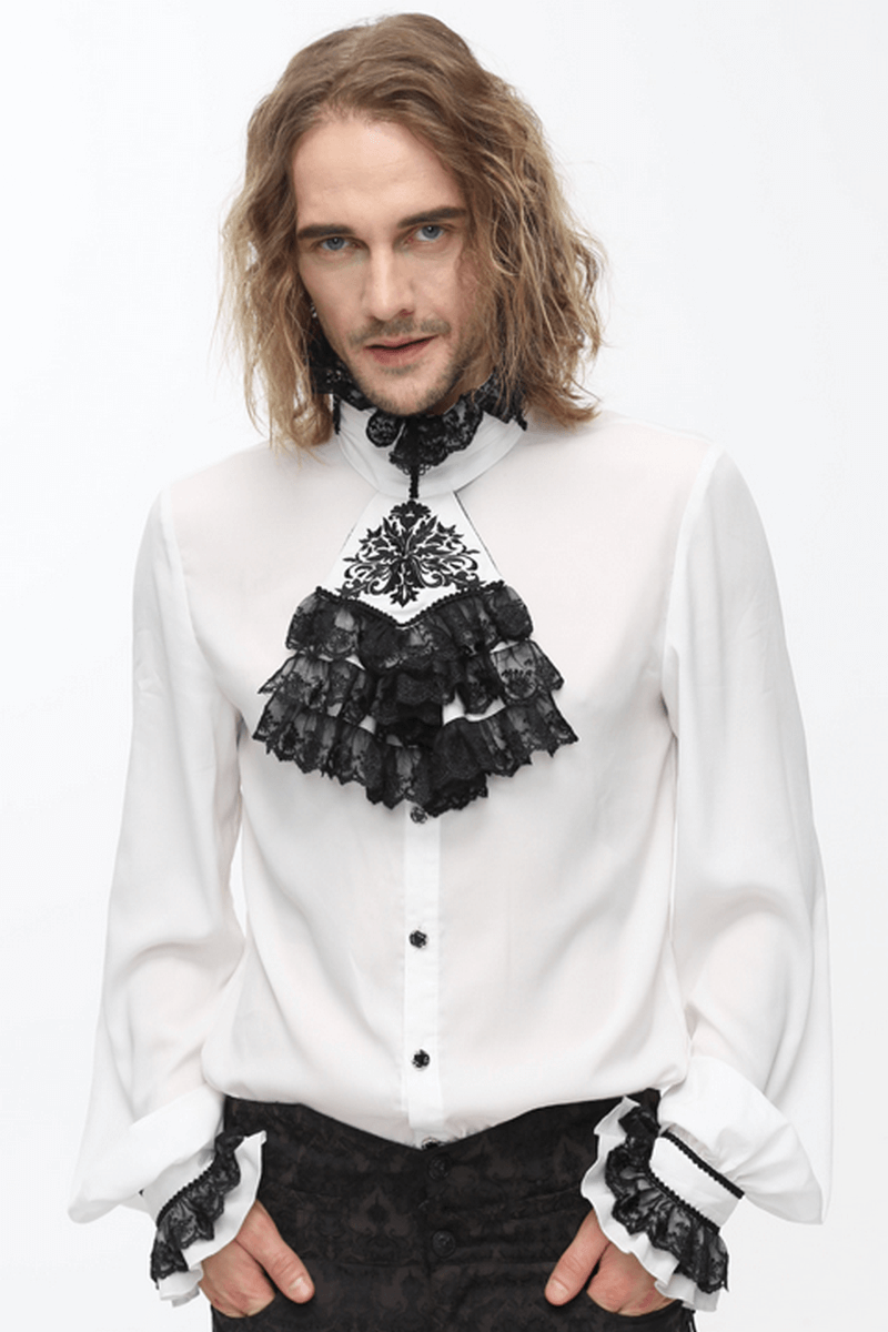 Elegant Men's Shirt with Chiffon Black Tie / Gothic Long Sleeve Shirt with Stand-Collar