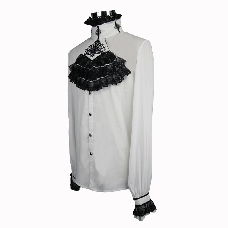 Elegant Men's Shirt with Chiffon Black Tie / Gothic Long Sleeve Shirt with Stand-Collar