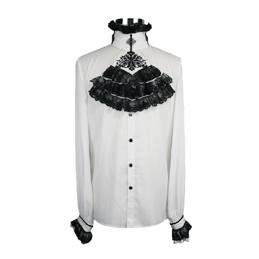 Elegant Men's Shirt with Chiffon Black Tie / Gothic Long Sleeve Shirt with Stand-Collar