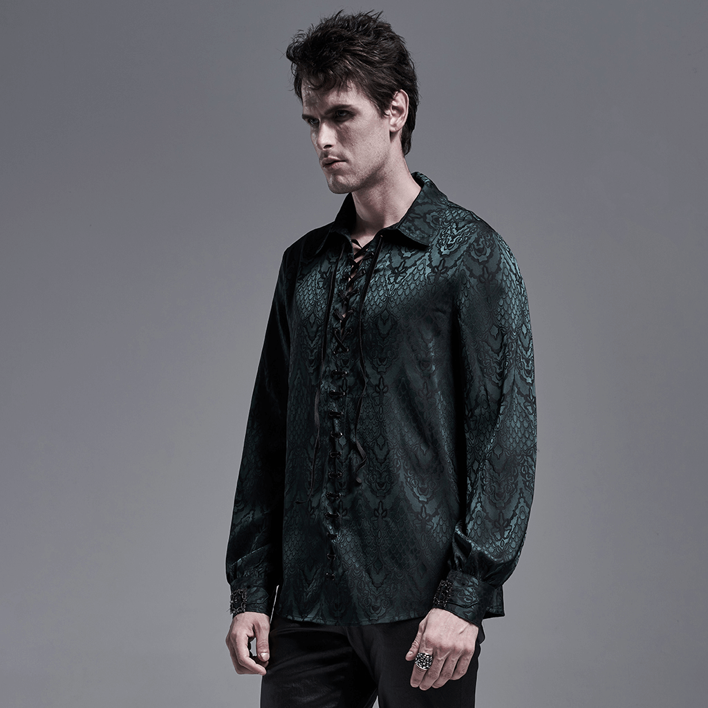 Elegant Men's Vintage Lace-Up Jacquard Shirt