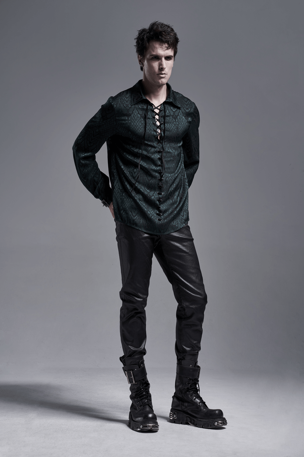 Elegant Men's Vintage Lace-Up Jacquard Shirt