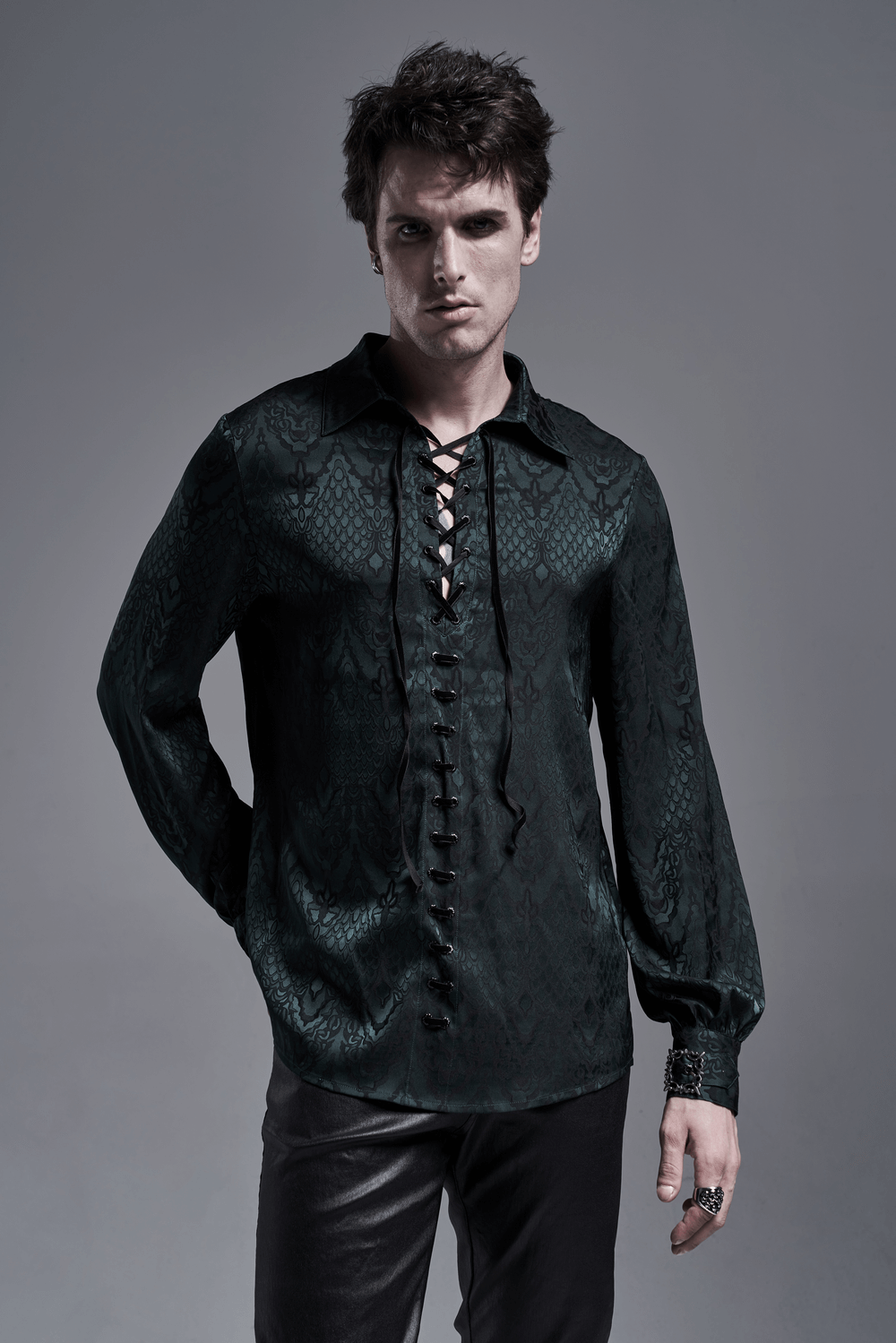 Elegant Men's Vintage Lace-Up Jacquard Shirt