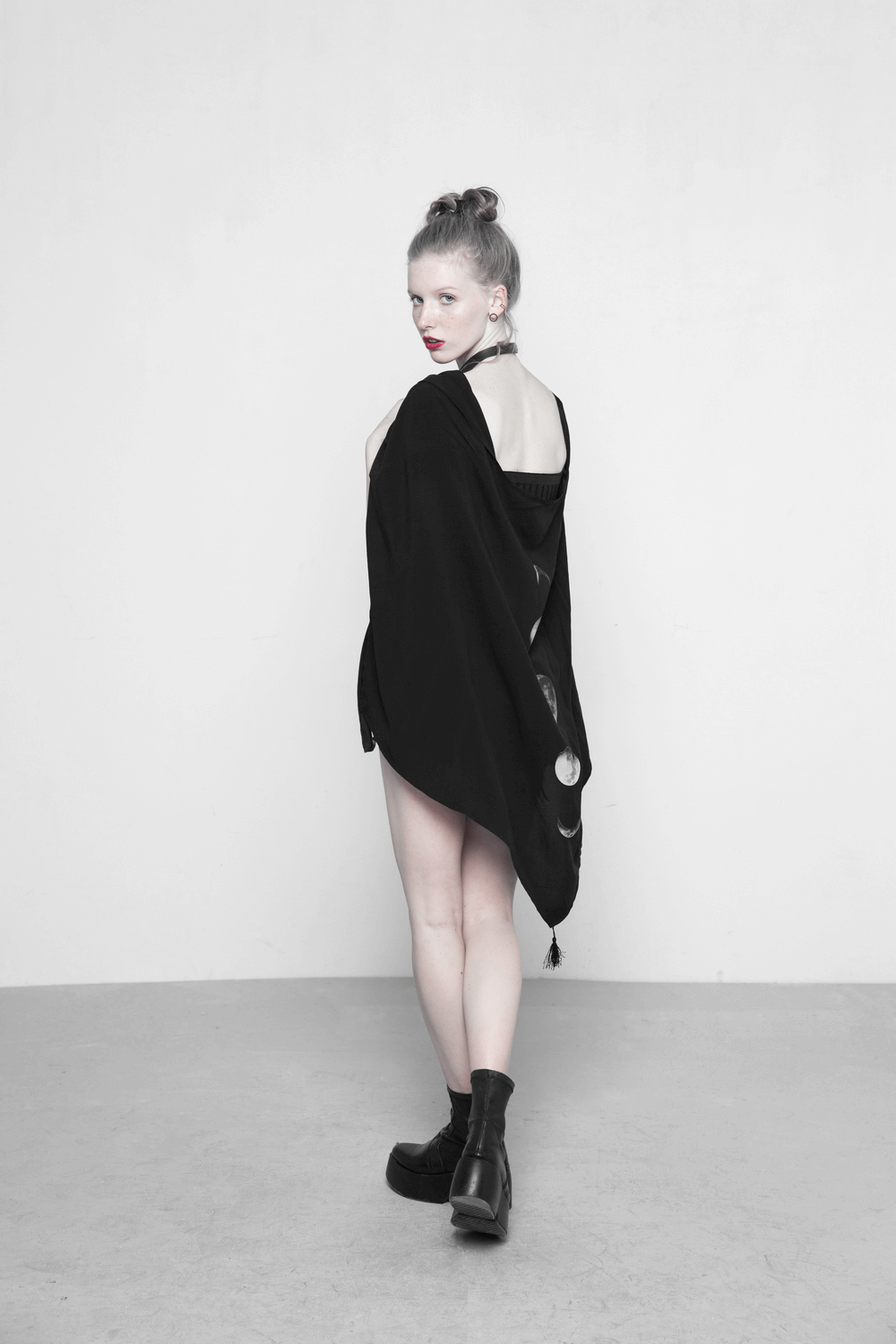 Elegant Mystery Black Shawl with Moon Phase Back