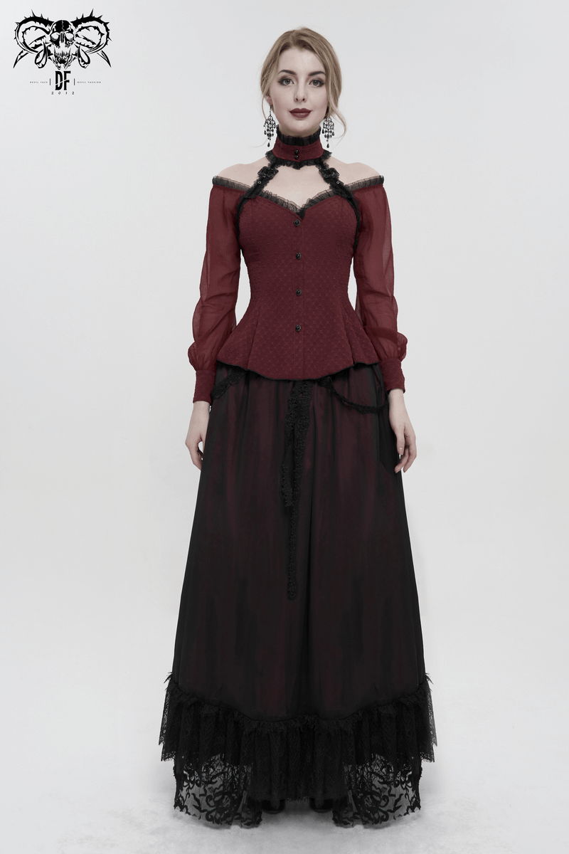 Elegant Off Shoulder Buttons Halterneck Shirt with Lace-up on Back