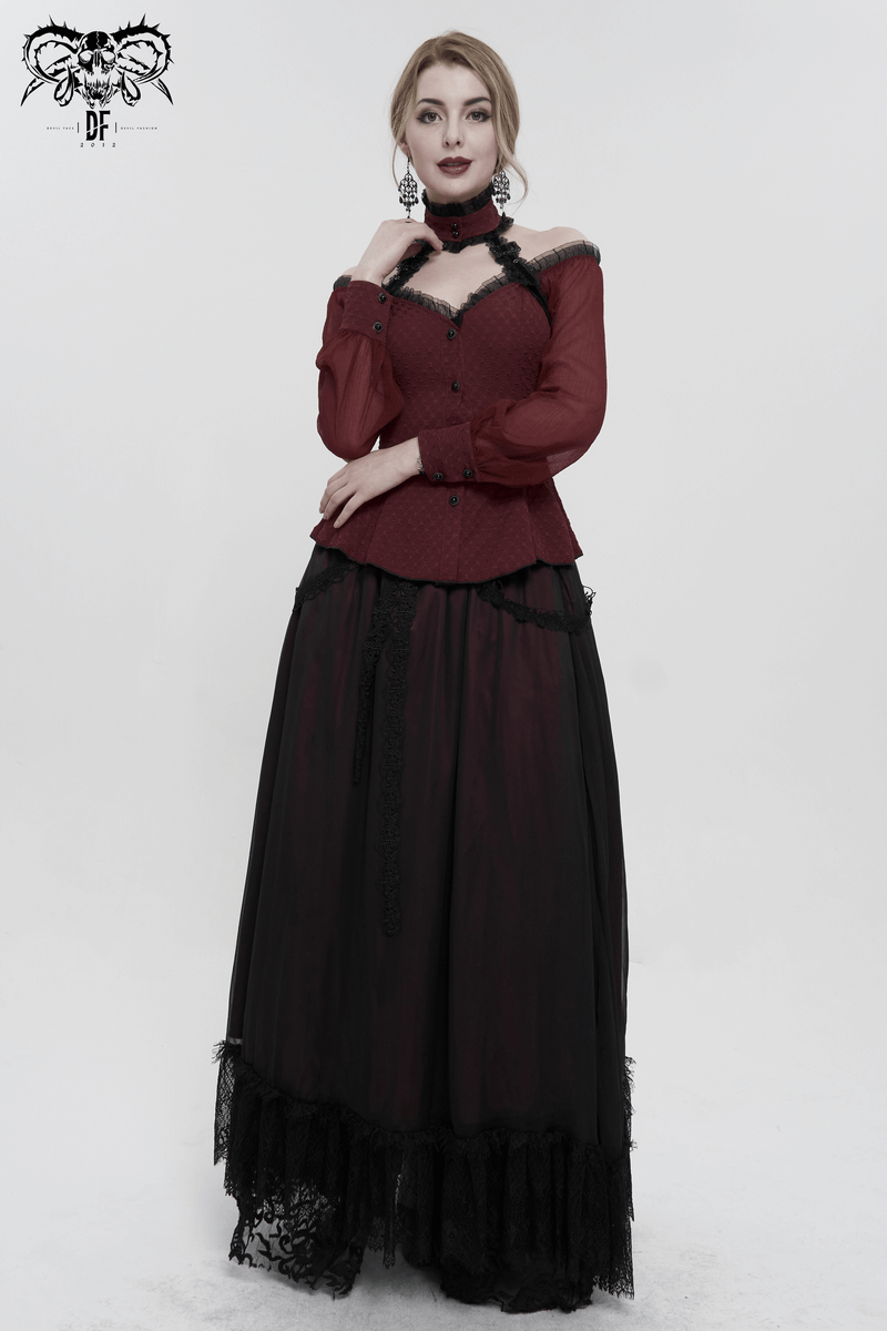 Elegant Off Shoulder Buttons Halterneck Shirt with Lace-up on Back